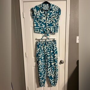 Haute Hippie Teal and Cream Abstract Jumpsuit